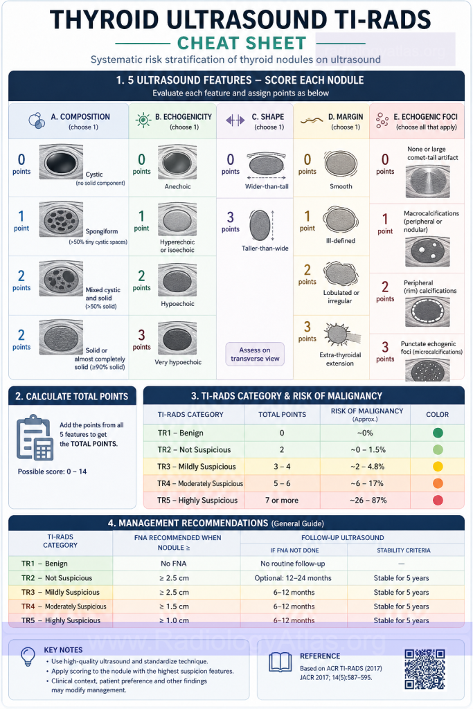 Infographic explaining ACR TI-RADS thyroid ultrasound criteria including composition echogenicity margins shape calcifications and scoring for malignancy risk